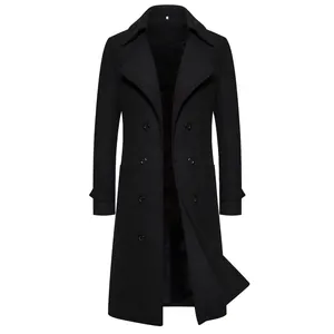 Men Double Breasted Long Trench Coat Slim Fit Polyester Peacoat For Business Casual Daily Wear Spring Autumn Fashion Outerwear