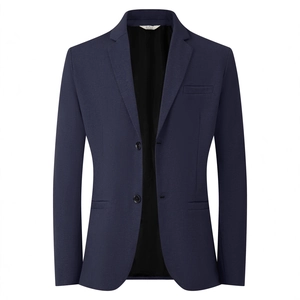 Classic deep blue men's single-breasted blazer with notch lapel and textured fabric