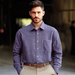 Chemise à carreaux bleu et marron pour homme avec manches longues et poche poitrine