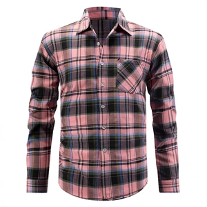 Classic pink plaid long sleeve button-down shirt for men with collar and chest pocket
