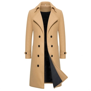 Classic camel double-breasted wool coat for men featuring a stylish notched lapel design