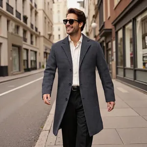 Men Mid Length Overcoat Warm Quilted Lining Single Breasted Wool Like Trench Coat Business Casual Winter Fashion Outwear