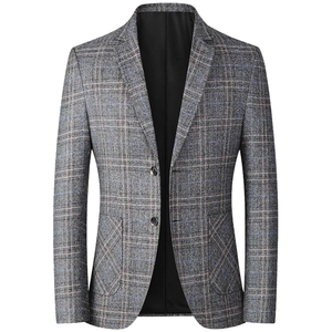 Men's grey checked business casual blazer with notched lapel and two-button closure