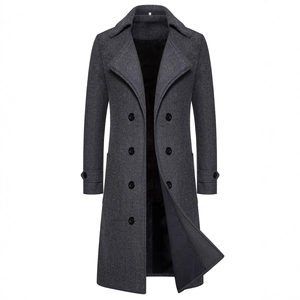 Classic dark grey double-breasted wool blend coat for men in a stylish mid-length design