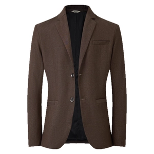 Men's single-breasted brown suit jacket with notched lapel and textured fabric finish