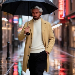 Slim fit men's sand wool blend overcoat with notched lapel and single-breasted buttons