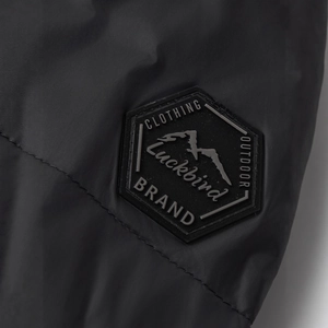 Close-up of a black winter hooded down jacket featuring a Luckbird outdoor mountain logo