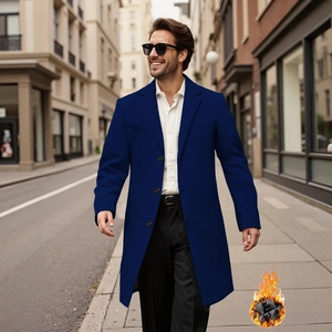Men's dark blue wool coat with thermal quilted lining and single-breasted classic lapel