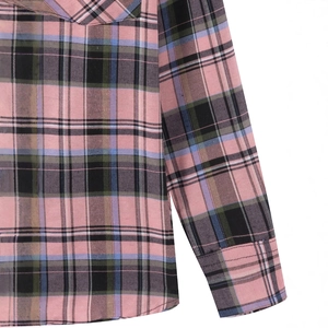 Classic pink plaid long sleeve button-up shirt with detailed stitching and cuff design