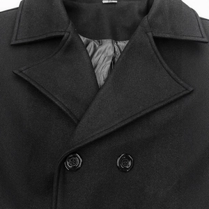 Classic black double-breasted wool trench coat with notch lapels and textured buttons
