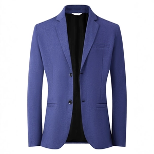 Detail of dark blue blazer with notch lapel, single-breasted buttons and knit texture