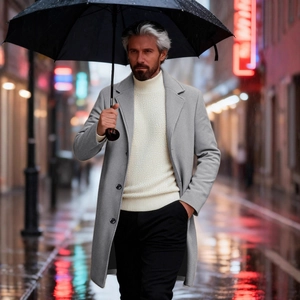 Men's slim fit single-breasted wool coat in light grey for autumn and winter business wear