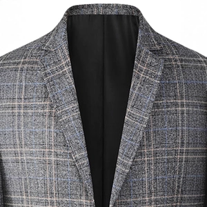 Men's business casual blazer in grey-blue plaid fabric with classic notch lapel