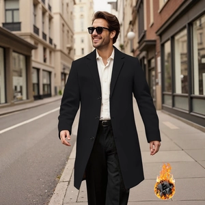 Men's winter black wool coat with quilted lining and single-breasted classic lapel design