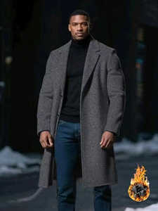 Men's grey wool coat detail showing thermal quilted lining for winter warmth