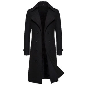 Men's double-breasted black wool coat with notch lapel and stylish mid-length silhouette