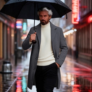 Men's charcoal grey wool coat with slim fit design for autumn and winter business casual style