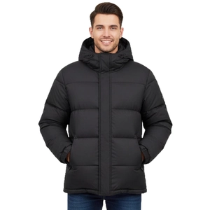 Men's winter black hooded down jacket with wide horizontal quilting for daily warmth