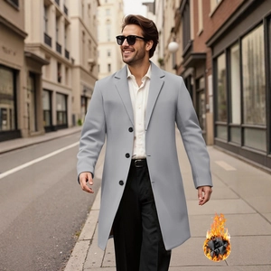 Men's light grey wool blend overcoat with a warm quilted lining for winter style