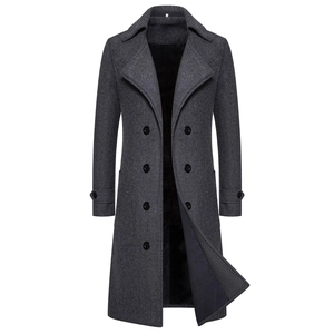 Men's dark gray double-breasted wool blend coat with notched lapels and tailored fit