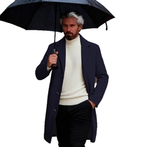 Men's slim fit navy blue wool overcoat with single-breasted design for winter casual style