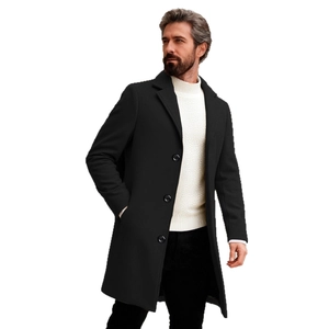 Classic men's black wool blend trench coat with single-breasted buttons and notch lapels
