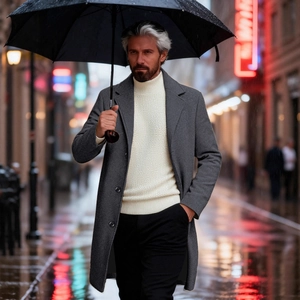 Men's slim fit single breasted wool trench coat in grey for winter urban style fashion
