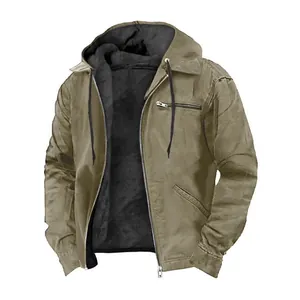 Men's Winter Thick Hooded Fleece Lined Jacket Retro Workwear Multi Pocket Outdoor Hiking Casual Warm Long Sleeve Coat