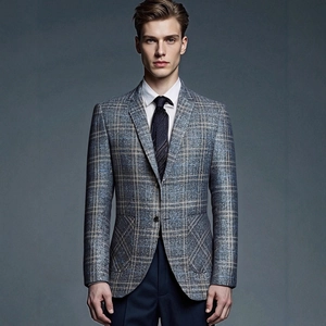 Men's blue plaid casual blazer with formal white shirt and textured dark necktie
