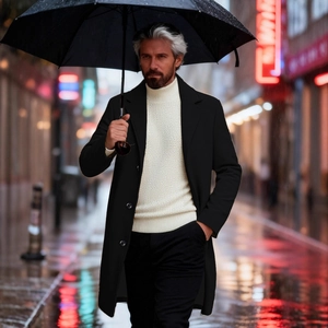 Slim fit men's wool overcoat in black for business casual wear on rainy urban streets
