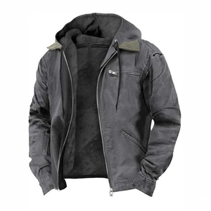 Men's retro dark grey hooded work jacket with thick fleece lining for winter warmth