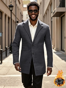 Men's dark grey herringbone wool coat with quilted lining and single breasted design