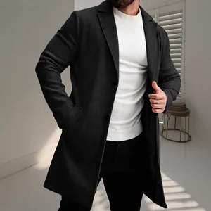 Men Mid-Length Woolen Texture Overcoat Single Breasted Lapel Collar Slim Fit Windbreaker Business Casual Coat For Autumn Winter