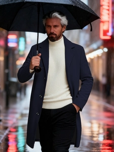 Slim fit dark blue wool trench coat for men with cream turtleneck sweater and black trousers
