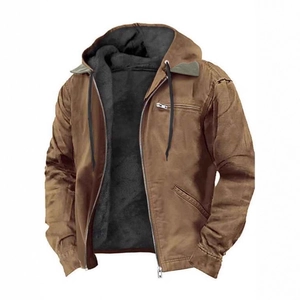 Men's brown hooded winter cargo jacket with warm thick fleece lining in a classic utility style