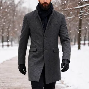 Herren Wollmischung Mittellanger Mantel Dick Warm Stehkragen Übermantel Einfarbig Business Casual Winter Trenchjacke Für Herren