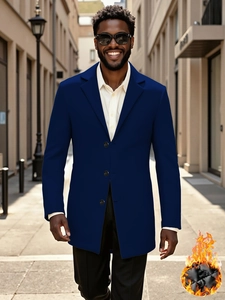 Men's single-breasted wool blend overcoat in navy blue featuring a warm fleece lining design