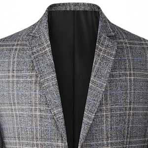 Men's grey plaid blazer with notch lapels in textured fabric, professional front view