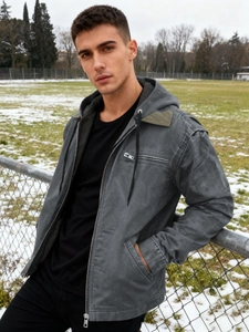 Men's thickened charcoal grey hooded work jacket with olive green shoulder patches