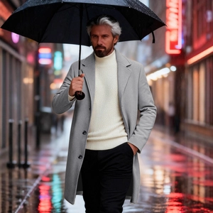 Slim fit men's wool blend overcoat in grey with turtleneck and urban street background