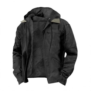 Men's thickened winter cargo jacket with warm grey fleece lining and adjustable hood
