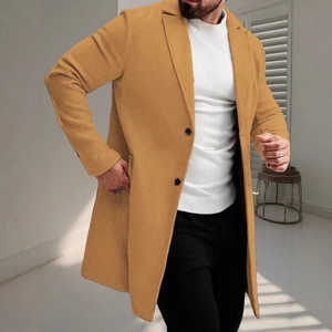 Classic camel single-breasted mid-length trench coat for men with a sleek business look