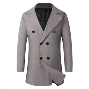 Men's double-breasted grey wool coat with bird's eye pattern and quilted warm lining