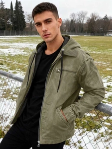 Men's olive green fleece lined winter jacket with hood and premium zipper closure