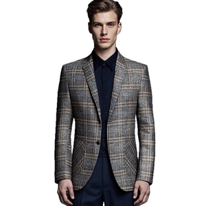 Men's slim fit casual blazer with grey khaki textured pattern and blue line accents
