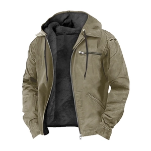 Men's retro khaki work jacket with thick fleece lining and drawstring hood for winter