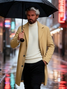 Men's slim fit camel wool coat in mid-length style with single-breasted lapels for winter
