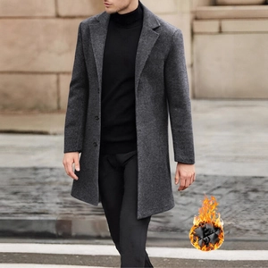 Cappotto in lana grigio scuro da uomo con bavero monopetto e calda fodera trapuntata