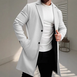 Classic men's single-breasted trench coat in light grey with minimalist lapel design