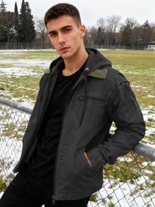 Men's heavy quilted workwear jacket with drawstring hood and durable canvas fabric